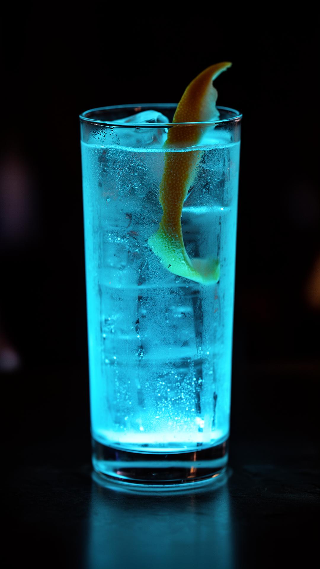 A tall highball cocktail glowing electric blue in a dark room