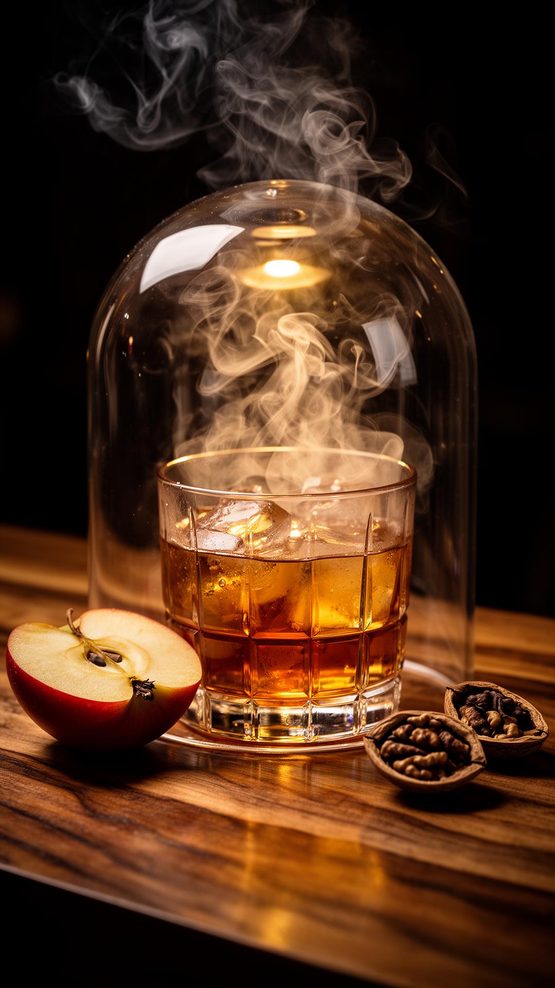An amber bourbon cocktail under a glass cloche filled with swirling applewood smoke