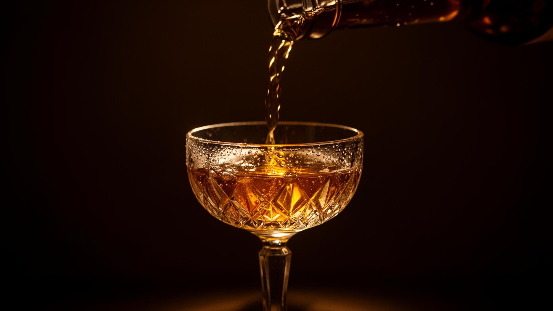 Amber cocktail being poured into a crystal coupe in low candlelight