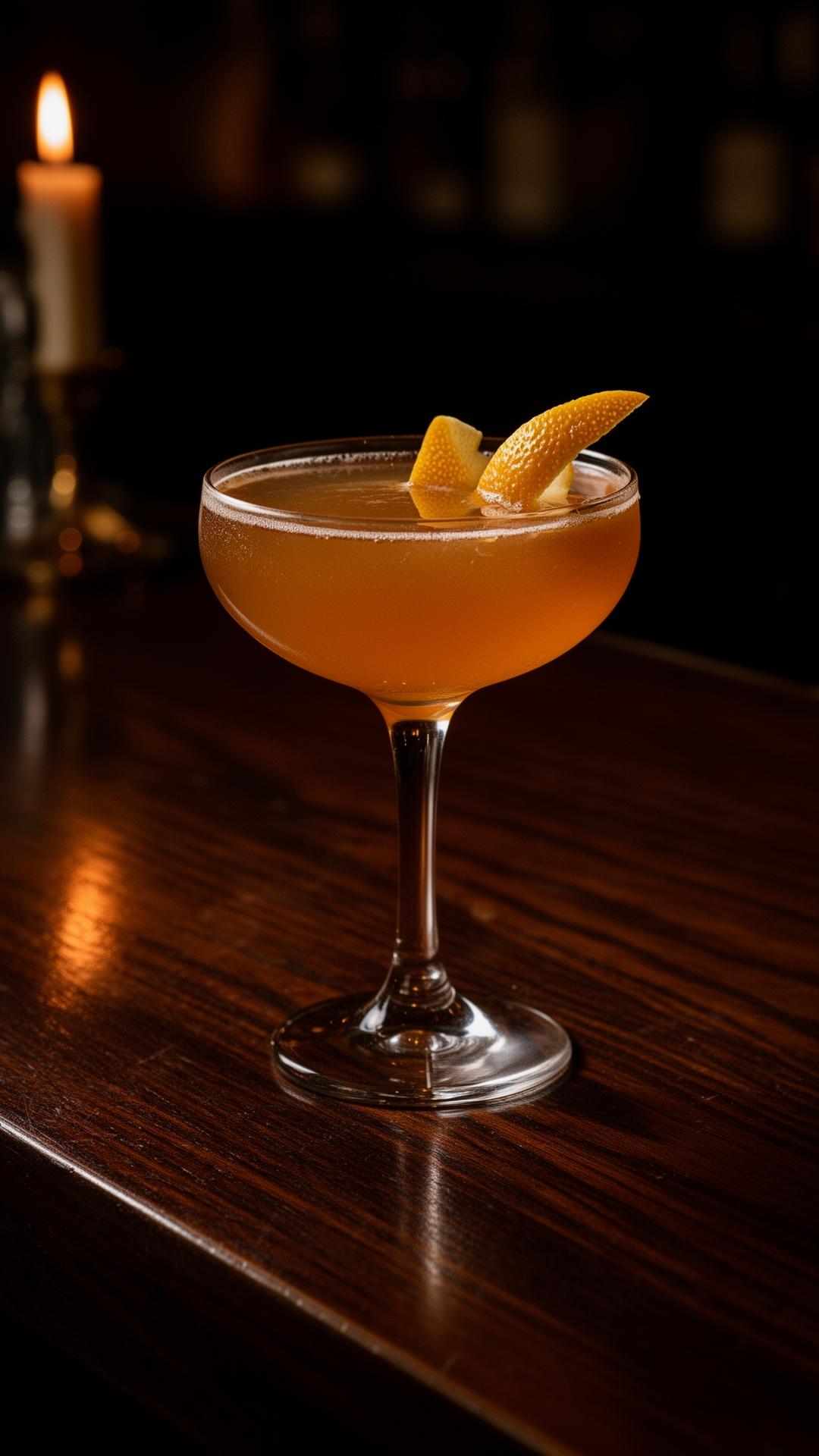 A single garnished amber cocktail on a dark walnut bar in candlelight