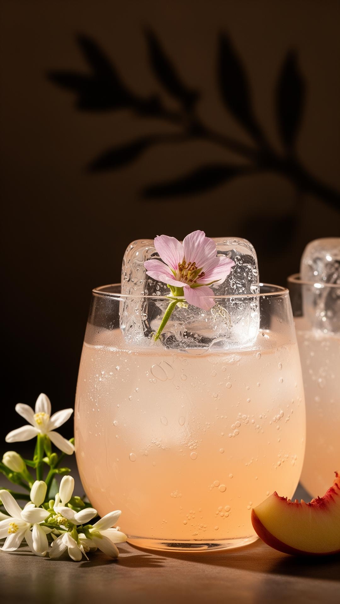 A pale peach cocktail with an edible flower frozen inside a clear ice cube