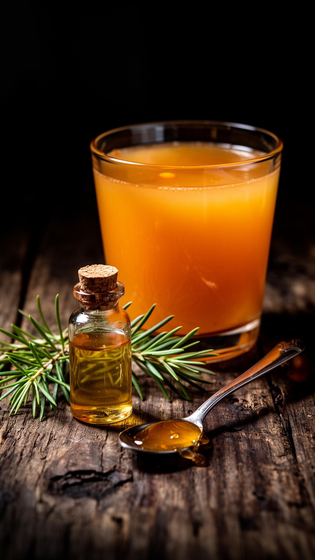 A vivid amber sea-buckthorn cocktail beside a small corked apothecary vial and pine sprig