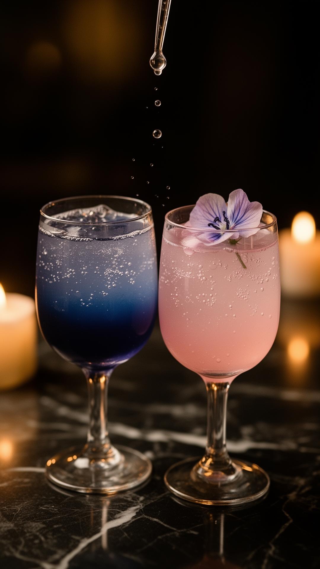 A coupe shifting from deep indigo blue to blush pink under a glass pipette