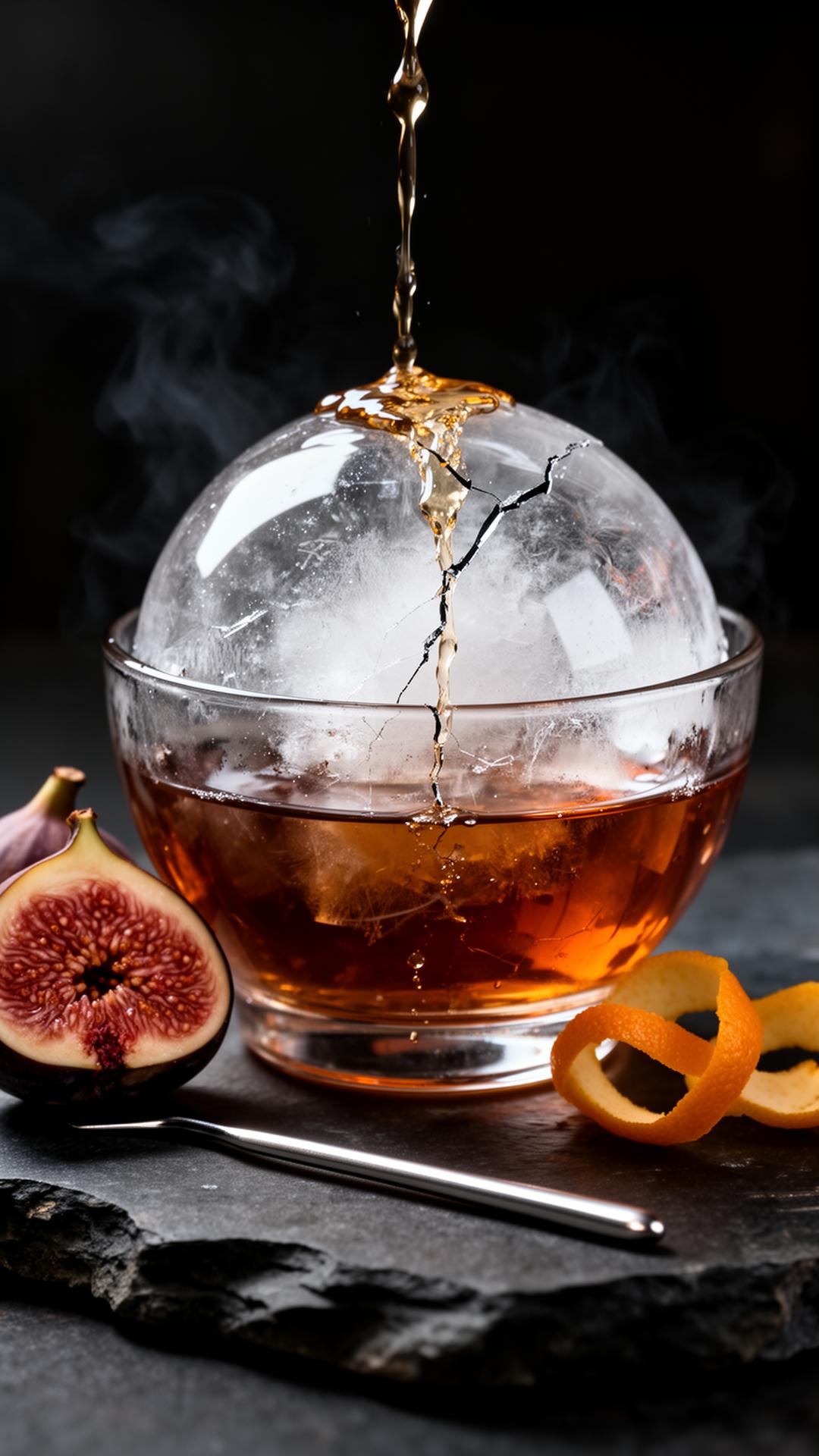 A cracked crystal ice sphere in a low glass with cognac being poured over the top